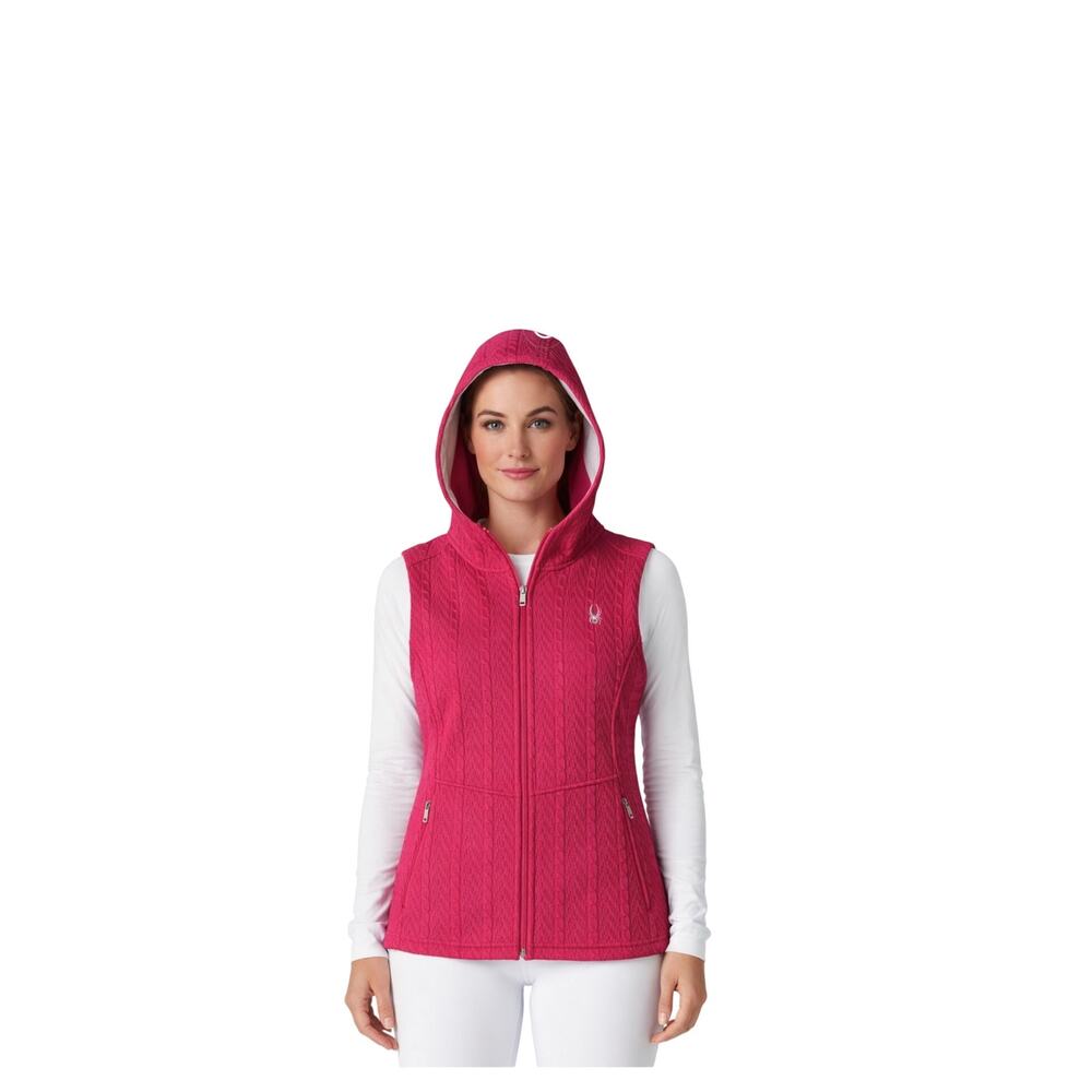 Spyder Vest Womens Size L Pink Hooded Cable Knit Full Zip Logo Pockets Warm Cozy